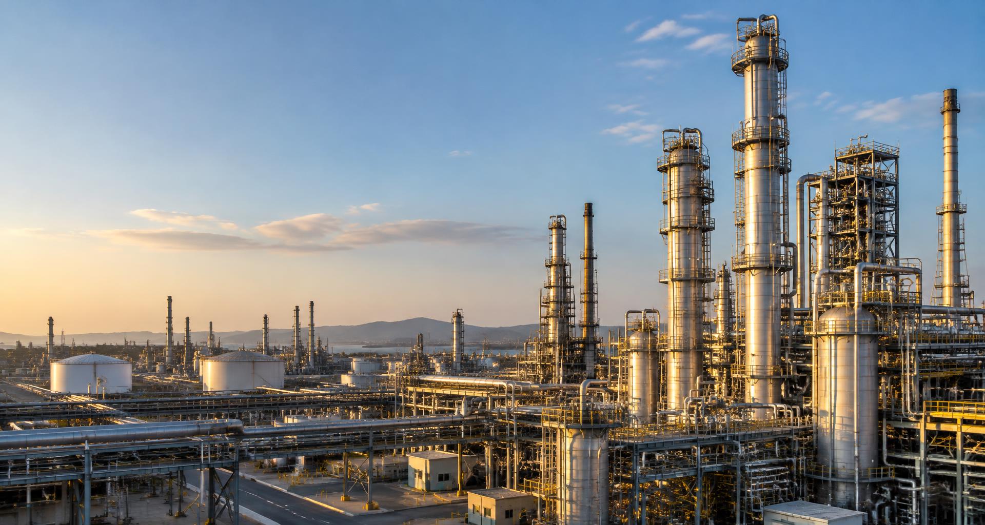 Industrial refinery towers and pipelines in afternoon sunlight